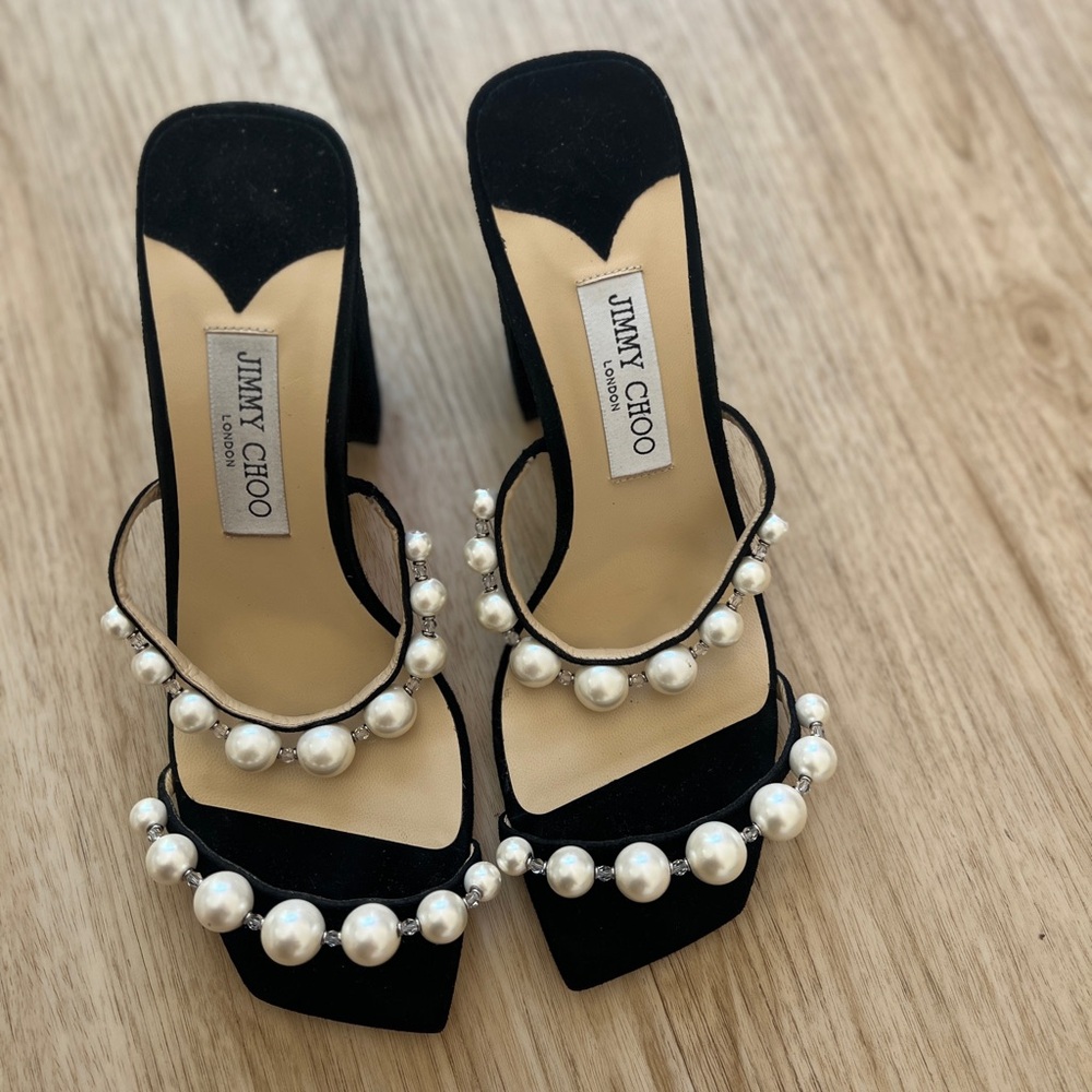 NWT Jimmy Choo Amara 85 Embellished Pearl Suede Sandals Size 9.5 - Picture 3 of 6